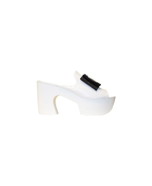 White Platform Mules with Black Bow Detail